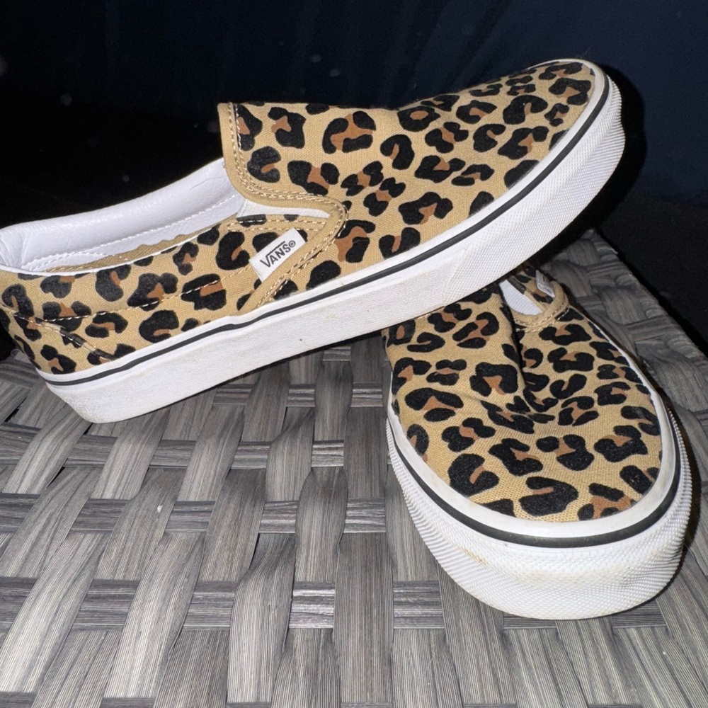 Vans Tan and Black Leopard Slip-Ons
